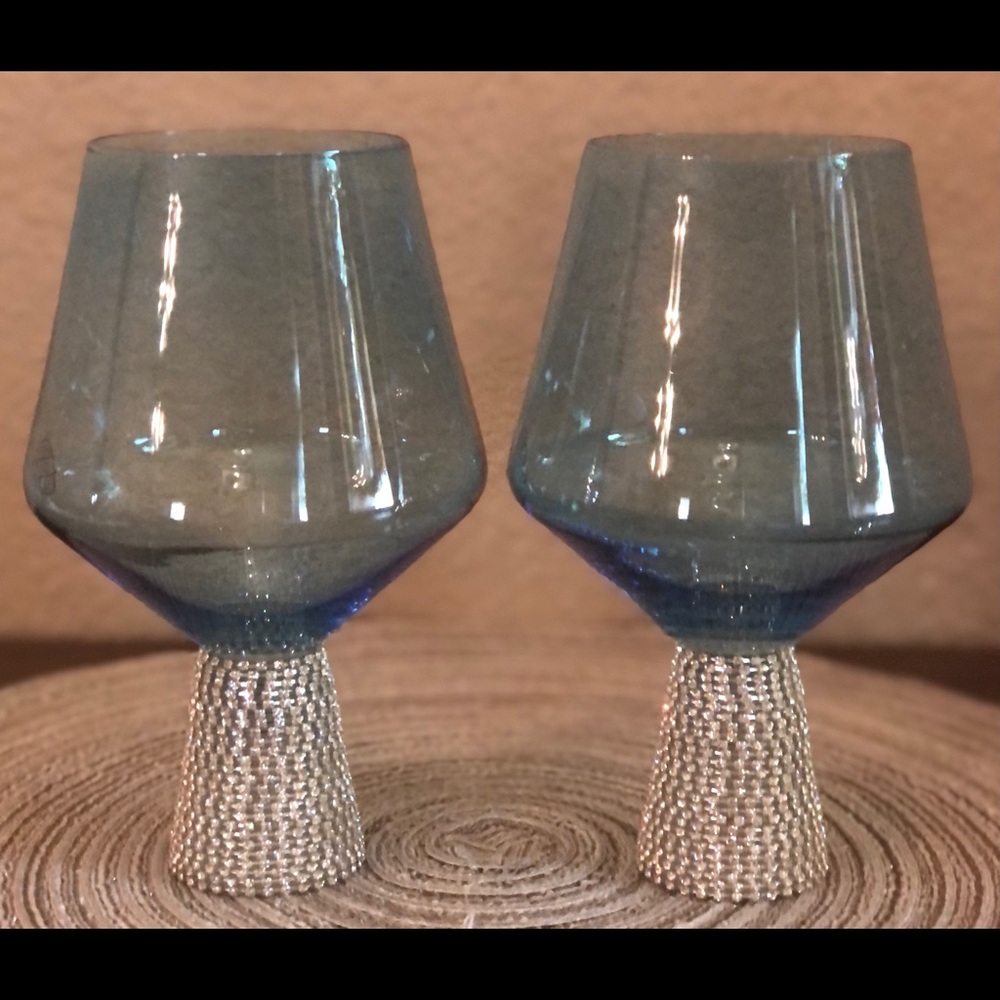 Blue Rhinestone Stemless Wine Glasses 2 NWT